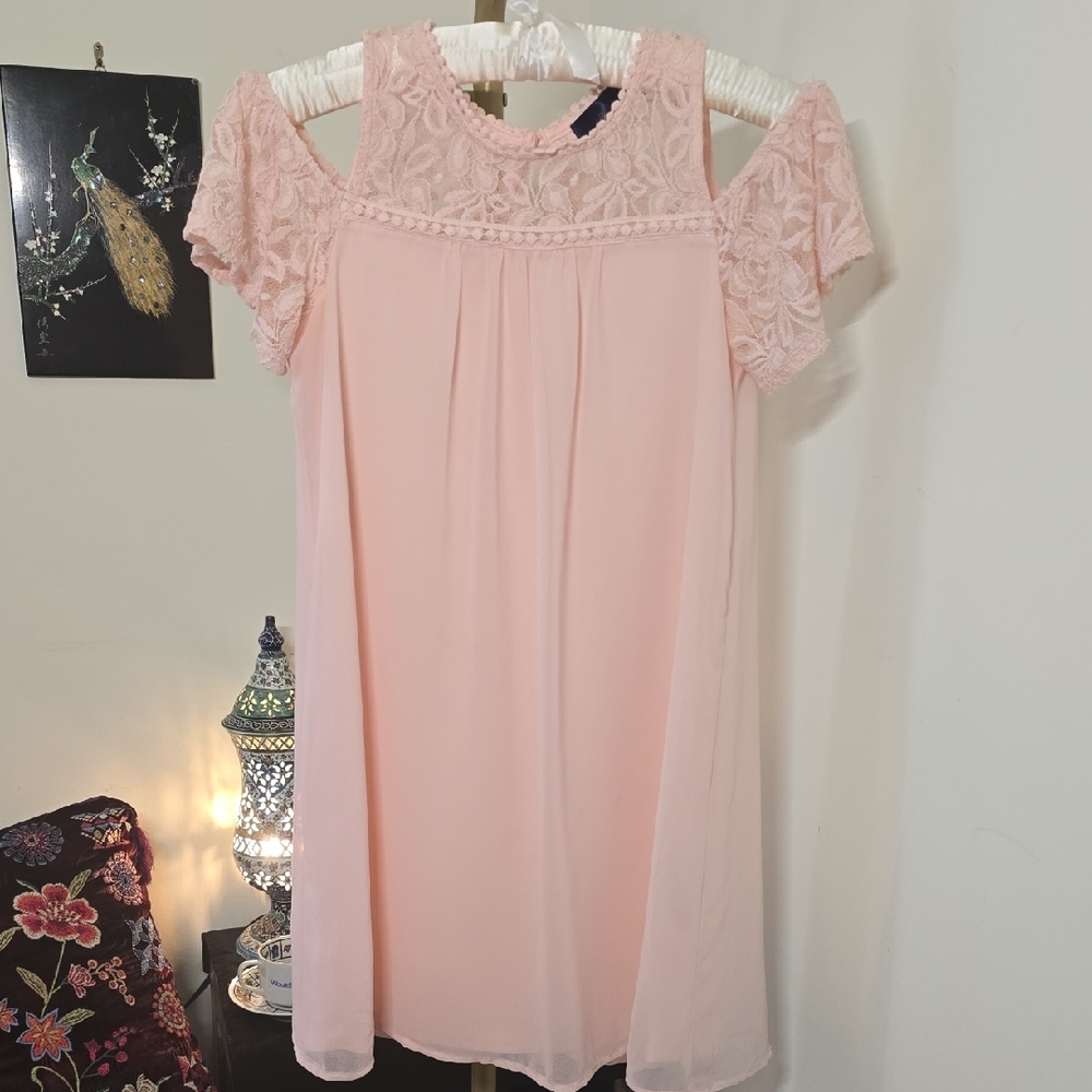 Blue Rain Pink Lace Sheer Cold Shoulder Dress